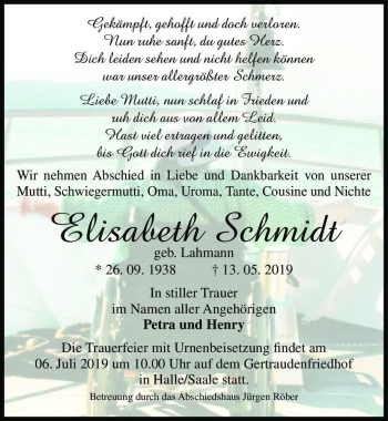 Traueranzeige von Elisabeth Schmidt (geb. Lahmann)  von Magdeburger Volksstimme