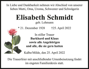Traueranzeige von Elisabeth Schmidt (geb. Lehmann)  von Magdeburger Volksstimme