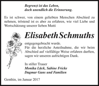 Traueranzeige von Elisabeth Schmuths  von Magdeburger Volksstimme