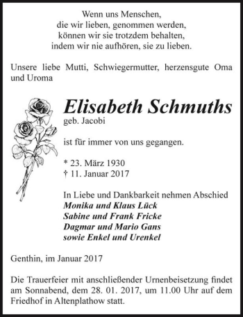 Traueranzeige von Elisabeth Schmuths (geb. Jacobi)  von Magdeburger Volksstimme