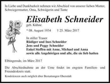 Traueranzeige von Elisabeth Schneider (geb. Kühne)  von Magdeburger Volksstimme