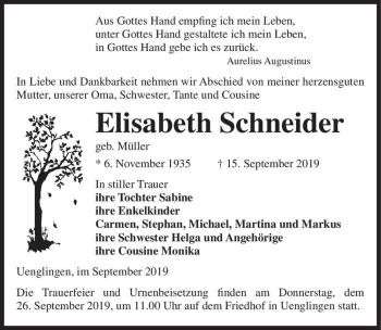 Traueranzeige von Elisabeth Schneider (geb. Müller)  von Magdeburger Volksstimme