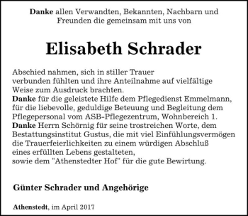 Traueranzeige von Elisabeth Schrader  von Magdeburger Volksstimme