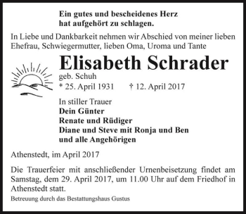 Traueranzeige von Elisabeth Schrader (geb. Schuh)  von Magdeburger Volksstimme
