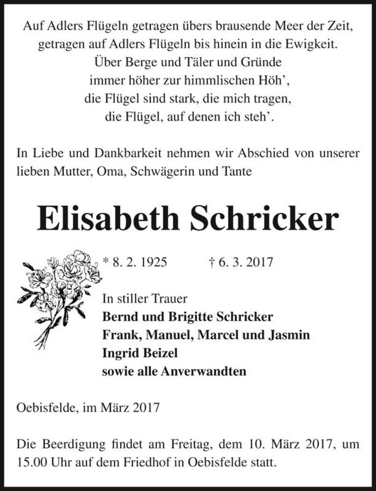  Traueranzeige für Elisabeth Schricker  vom 09.03.2017 aus Magdeburger Volksstimme
