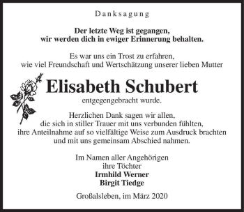 Traueranzeige von Elisabeth Schubert  von Magdeburger Volksstimme