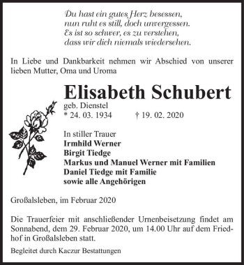 Traueranzeige von Elisabeth Schubert (geb. Dienstel)  von Magdeburger Volksstimme