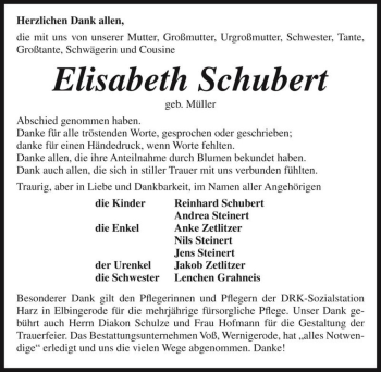 Traueranzeige von Elisabeth Schubert (geb. Müller)  von Magdeburger Volksstimme