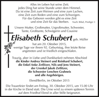 Traueranzeige von Elisabeth Schubert geb. Müller  von Magdeburger Volksstimme