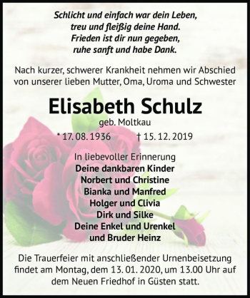 Traueranzeige von Elisabeth Schulz (geb. Moltkau)  von Magdeburger Volksstimme