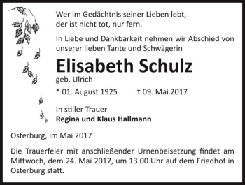 Traueranzeige von Elisabeth Schulz (geb. Ulrich)  von Magdeburger Volksstimme