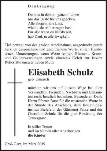 Traueranzeige von Elisabeth Schulz (geb. Unnasch)  von Magdeburger Volksstimme