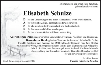 Traueranzeige von Elisabeth Schulze  von Magdeburger Volksstimme
