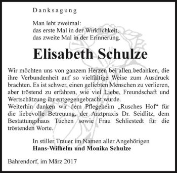 Traueranzeige von Elisabeth Schulze  von Magdeburger Volksstimme