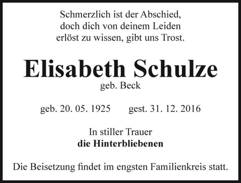  Traueranzeige für Elisabeth Schulze (geb. Beck)  vom 09.01.2017 aus Magdeburger Volksstimme