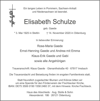 Traueranzeige von Elisabeth Schulze (geb. Gaede)  von Magdeburger Volksstimme