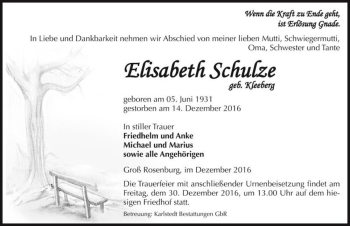 Traueranzeige von Elisabeth Schulze (geb. Kleeberg)  von Magdeburger Volksstimme