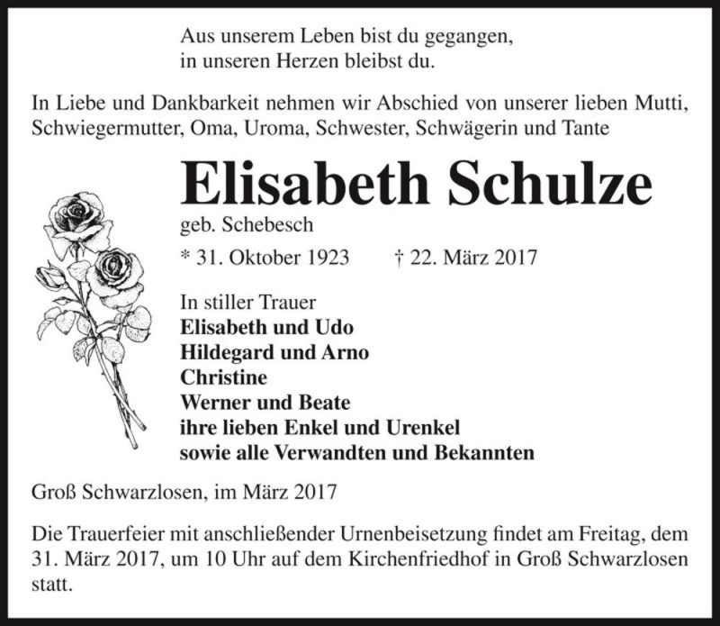  Traueranzeige für Elisabeth Schulze (geb. Schebesch)  vom 25.03.2017 aus Magdeburger Volksstimme