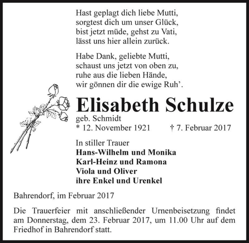  Traueranzeige für Elisabeth Schulze (geb. Schmidt)  vom 11.02.2017 aus Magdeburger Volksstimme