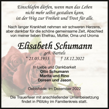 Traueranzeige von Elisabeth Schumann (geb. Bartels)  von Magdeburger Volksstimme