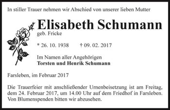 Traueranzeige von Elisabeth Schumann (geb. Fricke)  von Magdeburger Volksstimme