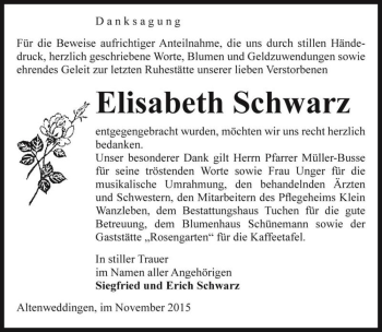 Traueranzeige von Elisabeth Schwarz  von Magdeburger Volksstimme