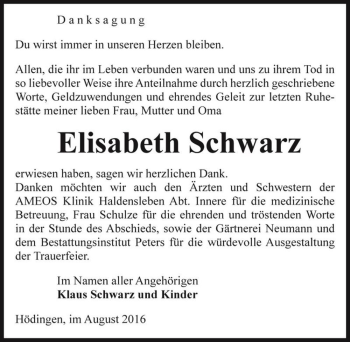 Traueranzeige von Elisabeth Schwarz  von Magdeburger Volksstimme