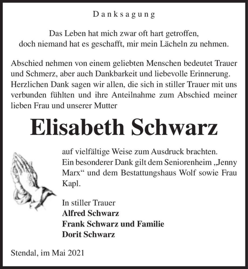  Traueranzeige für Elisabeth Schwarz  vom 21.05.2021 aus Magdeburger Volksstimme
