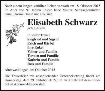 Traueranzeige von Elisabeth Schwarz (geb. Blasiak)  von Magdeburger Volksstimme