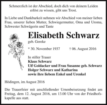 Traueranzeige von Elisabeth Schwarz (geb. Gereke)  von Magdeburger Volksstimme