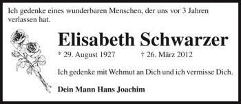 Traueranzeige von Elisabeth Schwarzer  von Magdeburger Volksstimme