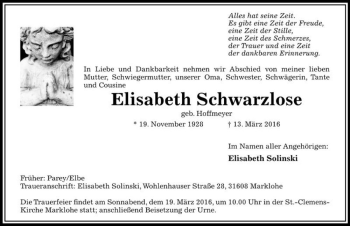 Traueranzeige von Elisabeth Schwarzlose (geb. Hoffmeyer)  von Magdeburger Volksstimme