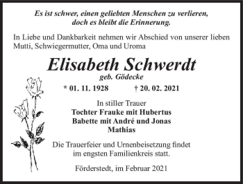 Traueranzeige von Elisabeth Schwerdt (geb. Gödecke)  von Magdeburger Volksstimme