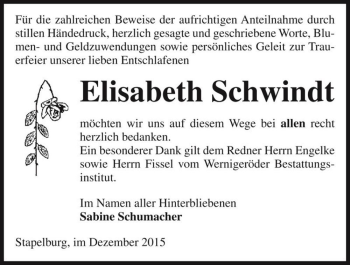 Traueranzeige von Elisabeth Schwindt  von Magdeburger Volksstimme
