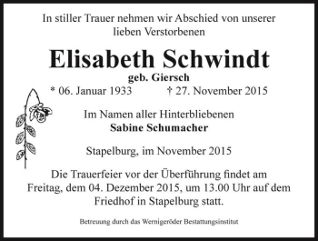 Traueranzeige von Elisabeth Schwindt (geb. Giersch)  von Magdeburger Volksstimme