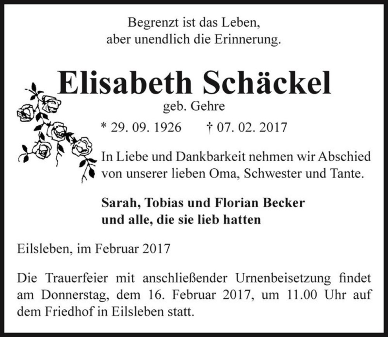  Traueranzeige für Elisabeth Schäckel (geb.Gehre)  vom 10.02.2017 aus Magdeburger Volksstimme