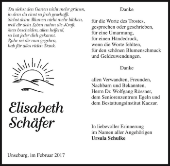 Traueranzeige von Elisabeth Schäfer  von Magdeburger Volksstimme