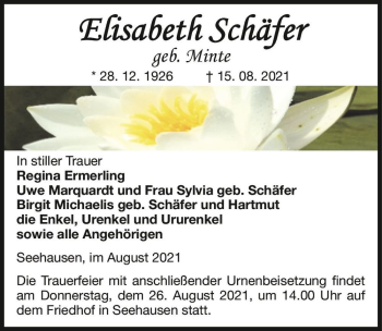 Traueranzeige von Elisabeth Schäfer (geb. Minte)  von Magdeburger Volksstimme