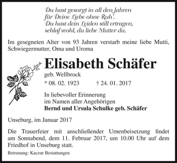 Traueranzeige von Elisabeth Schäfer (geb. Wellbrock)  von Magdeburger Volksstimme