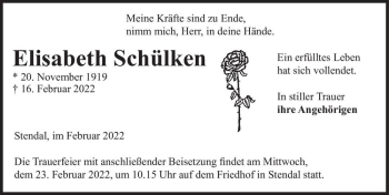 Traueranzeige von Elisabeth Schülken  von Magdeburger Volksstimme
