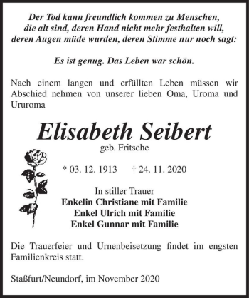 Traueranzeige von Elisabeth Seibert (geb. Fritsche)  von Magdeburger Volksstimme