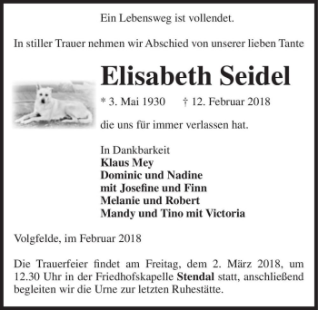 Traueranzeige von Elisabeth Seidel  von Magdeburger Volksstimme