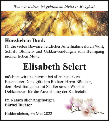Traueranzeige von Elisabeth Selert  von Magdeburger Volksstimme