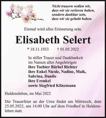 Traueranzeige von Elisabeth Selert  von Magdeburger Volksstimme