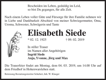 Traueranzeige von Elisabeth Siede  von Magdeburger Volksstimme