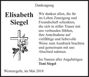 Traueranzeige von Elisabeth Siegel  von Magdeburger Volksstimme
