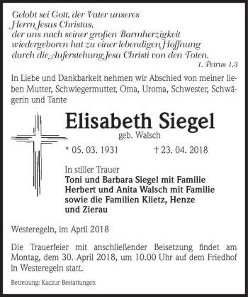 Traueranzeige von Elisabeth Siegel (geb. Walsch)  von Magdeburger Volksstimme