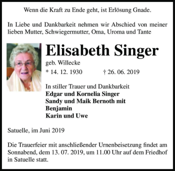 Traueranzeige von Elisabeth Singer (geb. Willecke)  von Magdeburger Volksstimme