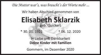 Traueranzeige von Elisabeth Sklarzik (geb. Quickert)  von Magdeburger Volksstimme