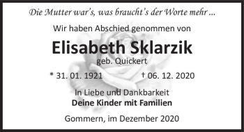 Traueranzeige von Elisabeth Sklarzik (geb. Quickert)  von Magdeburger Volksstimme